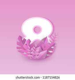 Vector illustration of number eight with pink tree leaves isolated on tender background. Numeral 8 with elegant tropical foliage - romantic floral element with gradient color for anniversary design.