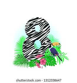 vector illustration of number eight with Zebra texture, tropical leaves and Toucan, summer print on clothes