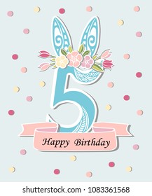 Vector illustration with number Five, Bunny ears and flower wreath. Template for Birthday, party invitation, greeting card, pet shop. Cute Number Five as fifth year anniversary logo, patch, sticker