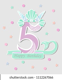 Vector illustration Number Five with Mermaid tail and Shell Crown. Template for Mermaid style birthday, party invitation, greeting card. Cute Number Five as logo, patch, sticker.