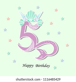Vector illustration Number Five with Mermaid tail and Shell Crown. Template for Mermaid style birthday, party invitation, greeting card. Cute Number Five as logo, patch, sticker.