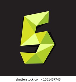 Vector illustration of number five in origami style. Polygonal Colorful number5 isolated on black background.