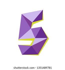 Vector illustration of number five in origami style. Polygonal Colorful number5 isolated on white background.