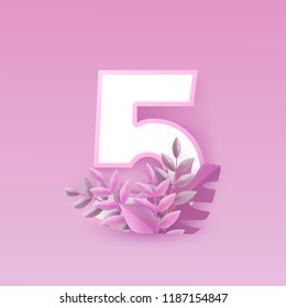 Vector illustration of number five pink design with tree leaves isolated on tender background. Numeral 5 with elegant tropical foliage - romantic floral element with gradient color.