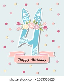 Vector illustration with number Four, Bunny ears and flower wreath. Template for Birthday, party invitation, greeting card, pet shop. Cute Number Four as fourth year anniversary logo, patch, sticker