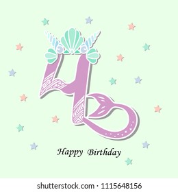 Vector illustration Number Four with Mermaid tail and Shell Crown. Template for Mermaid style birthday, party invitation, greeting card. Cute Number Four as logo, patch, sticker.