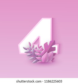 Vector illustration of number four pink elegant design with tree leaves isolated on tender background. Numeral 4 with tropical foliage - romantic floral element in trendy paper art.