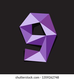Vector illustration of number nine in origami style. Polygonal Colorful number 9 isolated on black background.