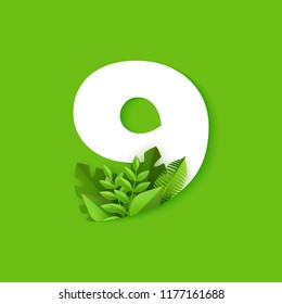 Vector illustration of number nine with plant leaves isolated on green background - numeral 9 with fresh tropical foliage. Seasonal element for modern floral design.