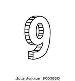 Vector illustration of number nine in sketch style. Hand drawn figure 9 