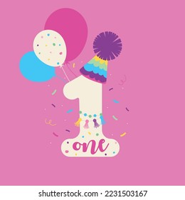 Ilustración vectorial del número uno para el cumpleaños. Figura blanca con confeti y globos de estilo mexicano. Figura de feriado para una tarjeta de cumpleaños, anuncio o cartel. 