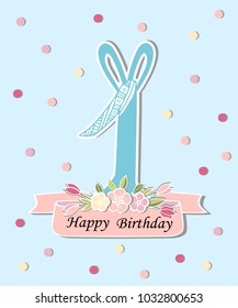 Vector illustration with number One, Bunny ears and floral wreath. Template for Baby Birthday, party invitation, greeting card, pet shop. Cute Number One as First year anniversary logo, patch, sticker