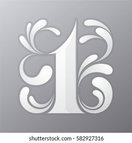 Vector illustration of number one decorated with curvy shapes white on grey background
