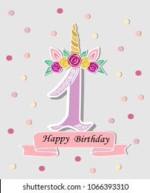 Vector illustration with number One, Unicorn Horn, ears and flower wreath. Template for birthday, party invitation, greeting card. Cute Number One as logo, patch, sticker.