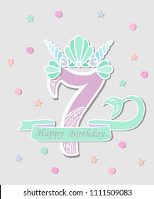 Vector illustration Number Seven with Mermaid tail and Shell Crown. Template for Mermaid style birthday, party invitation, greeting card. Cute Number Seven as logo, patch, sticker.