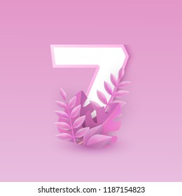 Vector illustration of number seven with pink tree leaves isolated on tender background - numeral 7 with elegant tropical foliage. Romantic floral element with gradient color for anniversary design.