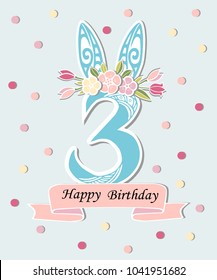 Vector illustration with number Three, Bunny ears and floral wreath. Template for Birthday, party invitation, greeting card, pet shop. Cute Number Three as third year anniversary logo, patch, sticker