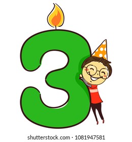 Vector Illustration of Number Three candle with stick Figure Little Boy Kid wearing party hat
