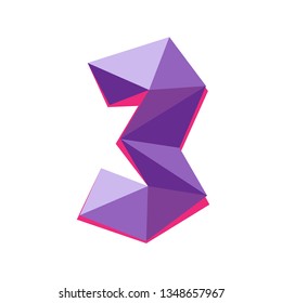 Vector illustration of number three in origami style. Polygonal Colorful number3 isolated on white background.