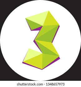 Vector illustration of number three in origami style. Polygonal Colorful number3 isolated on white background.