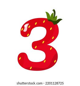 Vector illustration of the number three in a strawberry pattern. Strawberry number for math and holiday.
