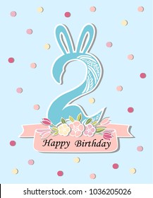 Vector illustration with number Two, Bunny ears and floral wreath. Template for Birthday, party invitation, greeting card, pet shop. Cute Number Two as Second year anniversary logo, patch, sticker