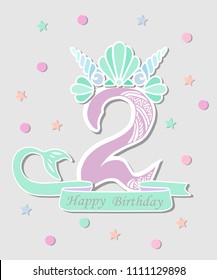 Vector illustration Number Two with Mermaid tail, Shell Crown. Template for Mermaid style birthday, party invitation, greeting card. Cute Number Two as logo, patch, sticker.