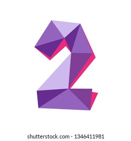Vector illustration of number two in origami style. Polygonal Colorful number2 isolated on white background.