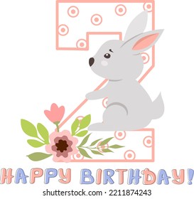 Vector illustration with number two, with rabbit. Birthday template, party invitation, greeting card. Number two as logo, second year anniversary sticker