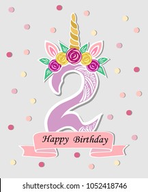 Vector illustration with number Two, Unicorn Horn, ears and flower wreath. Template for Baby Birth, party invitation, greeting card. Cute Number Two as logo, patch, sticker. Vector illustration.