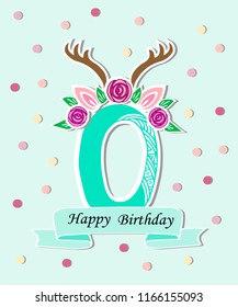Vector illustration Number Zero with Deer Headband. Template for Wildlife style birthday, baby birth, party invitation, greeting card. Cute Number Zero as logo, patch, sticker.