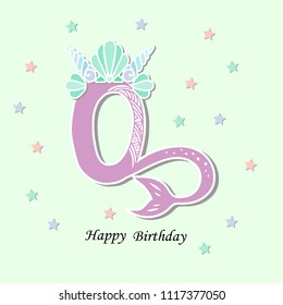 Vector illustration Number Zero with Mermaid tail and Shell Crown. Template for Mermaid style birthday, Baby Birth, party invitation, greeting card. Cute Number Zero as logo, patch, sticker.