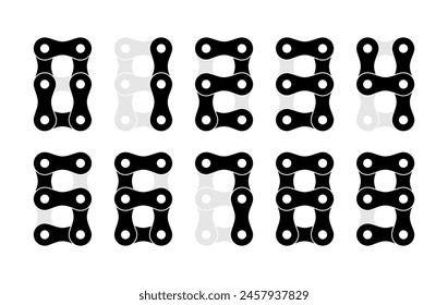 Vector illustration of numbers 0 to 9 made with bicycle chain, digital style on white background.