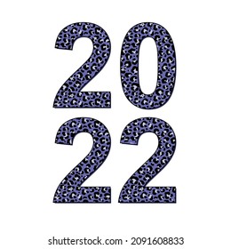 Vector illustration of numbers 2022 for New Year with leopard print of Very Peri color on white background. Trendy periwinkle blue hue, viviflying violet red color.