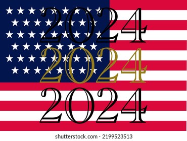 Vector illustration of numbers 2024 in black and gold on  American flag background concept for 2024 presidential election 