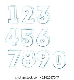 Vector illustration of numbers. Contour sketch of a three-dimensional view. Digits from 0 to 9. Digits. Signs. 3d. Contours. Mesh