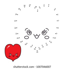 Vector illustration: Numbers game  connect dot to dot education game. Color the contour of funny  character a Heart using a template isolated on white background.  For children education and pastime.
