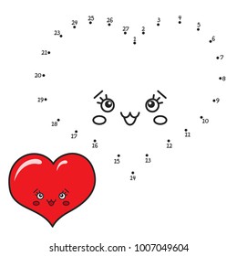 Vector illustration: Numbers game  connect dot to dot education game. Color the contour of funny  character a Heart using a template isolated on white background.  For children education and pastime. 