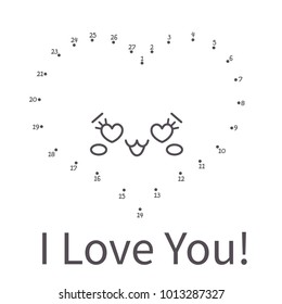 Vector illustration: Numbers game  connect dot to dot education game. Color the contour of funny  character a Heart isolated on white background.  For children education and pastime. Valentine's day.
