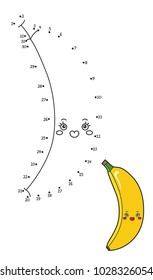 Vector illustration: Numbers game  connect dot to dot. Education game -color the contour of funny character a Banana using a sample isolated on white background.  For children education and pastime. 
