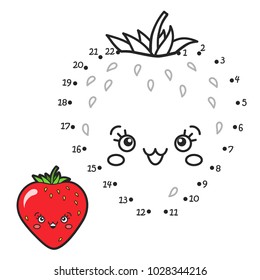 Vector illustration: Numbers game  connect dot to dot. Color the contour of funny character a Strawberry using a sample isolated on white background.  For children education and pastime. 
