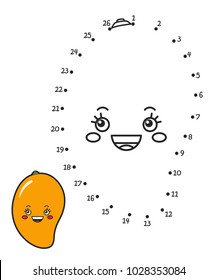 Vector illustration: Numbers game  connect dot to dot. Education game -color the contour of funny character a Mango using a sample isolated on white background.  For children education and pastime. 
