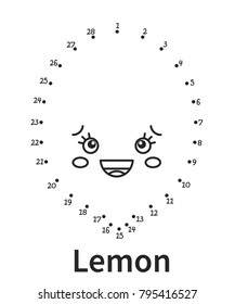 Vector illustration: Numbers game  connect dot to dot education game. Color the contour of funny fruit character a Lemon isolated on white background.  For children education and pastime. 
