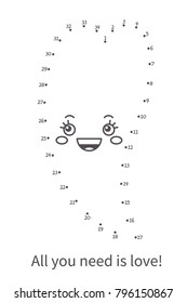 Vector illustration: Numbers game  connect dot to dot education game. Color the contour of funny  character a Heart isolated on white background.  For children education and pastime. Valentine's day.

