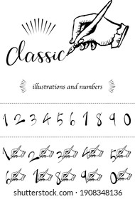 Vector illustration of numbers and hands in antique, classic images