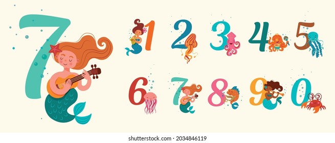 Vector illustration of numbers in a marine theme. Figures of mermaids, jellyfish, fish, colmar, crab, octopus. Poster, postcard for children.