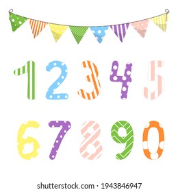 Vector illustration with numbers from zero to nine and math symbols. For children studying arithmetics, mathematics or for birthday invitation, party card decoration, anniversary, carnival.