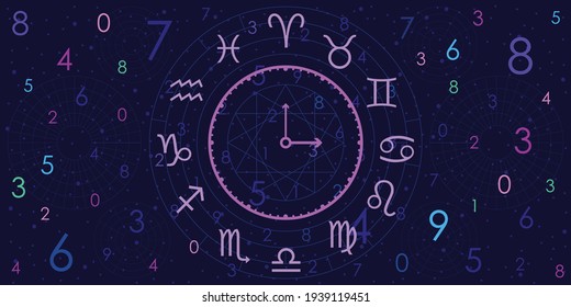 vector illustration of numbers zodiac and clock for cosmic time measurement and lunar phases counting