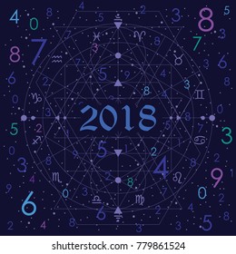 vector illustration of numerology concept on night cosmic blue sky background with 2018 year title 