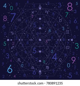 vector illustration of numerology concept on night cosmic blue sky background 